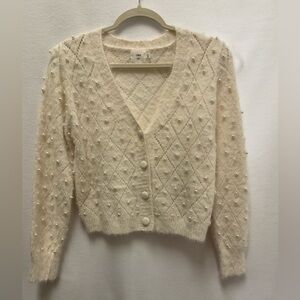 Luna Ivy Cream Pearl-Embellished V-Neck Sweater/Cardigan